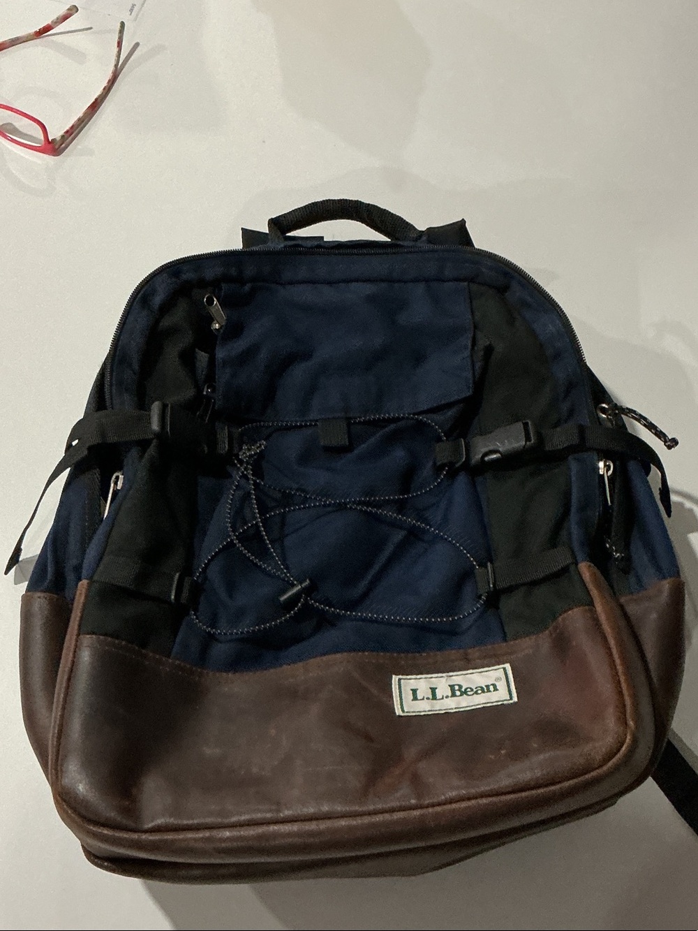 L.L. Bean Navy and Brown Leather-Trim Daypack Backpack